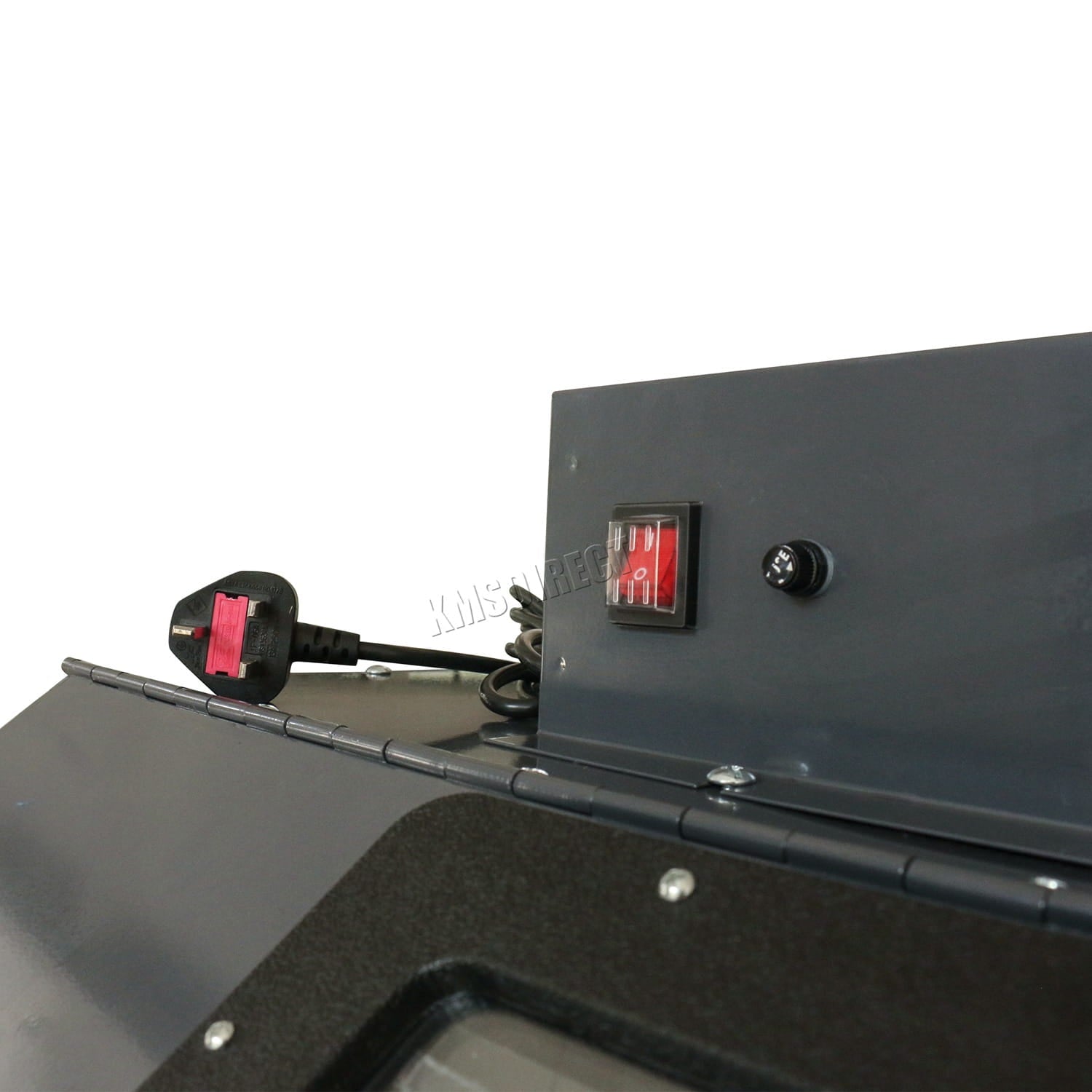 Close-up of a sandblasting machine with wiring on a white background