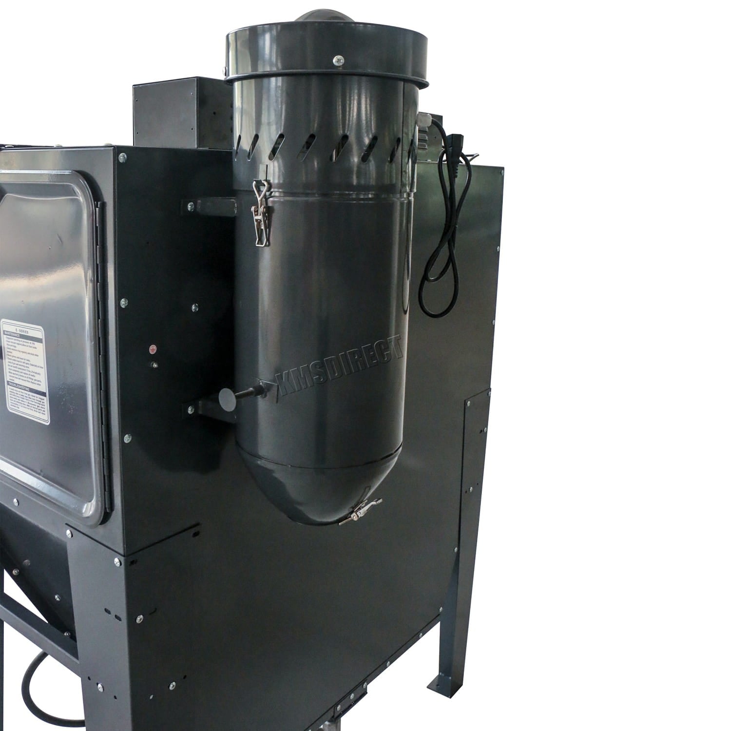 Black industrial sandblasting machine with a cylindrical component on a white background