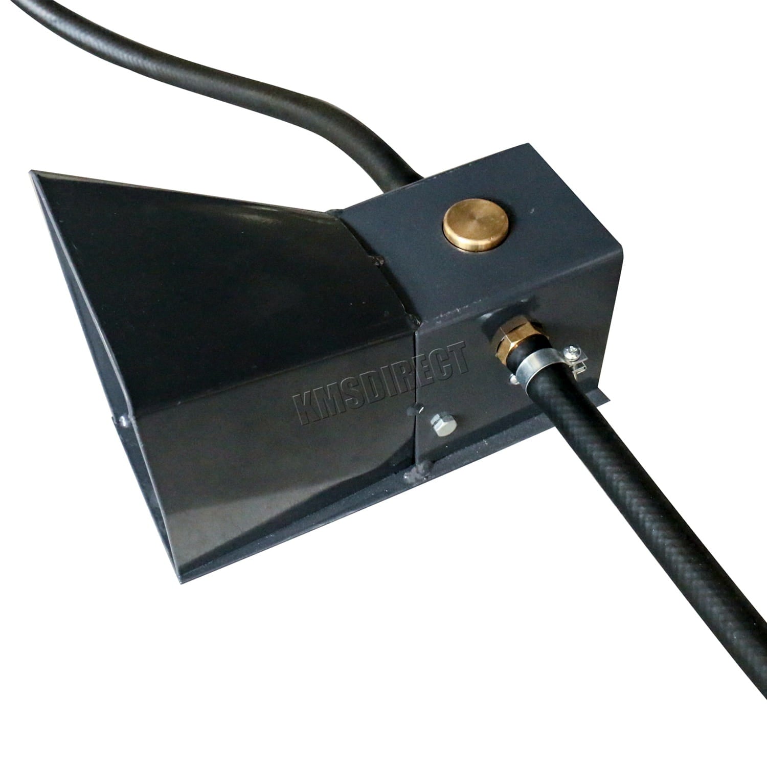 Black metal foot pedal of a sandblasting machine with a gold button and cable on a white background