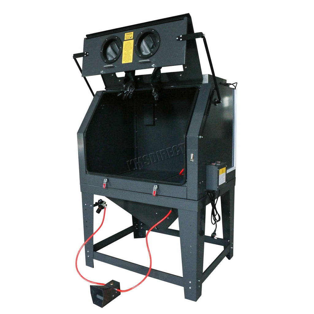 Black industrial sandblasting machine with visible branding on a white background