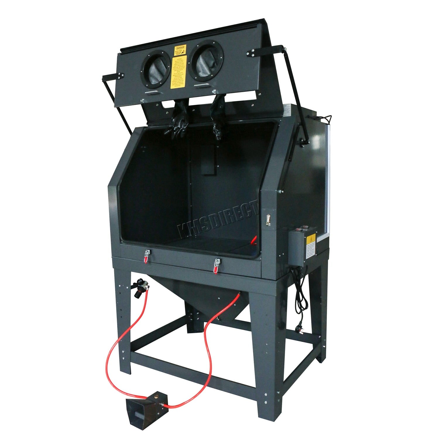 Black industrial sandblasting machine with visible branding on a white background