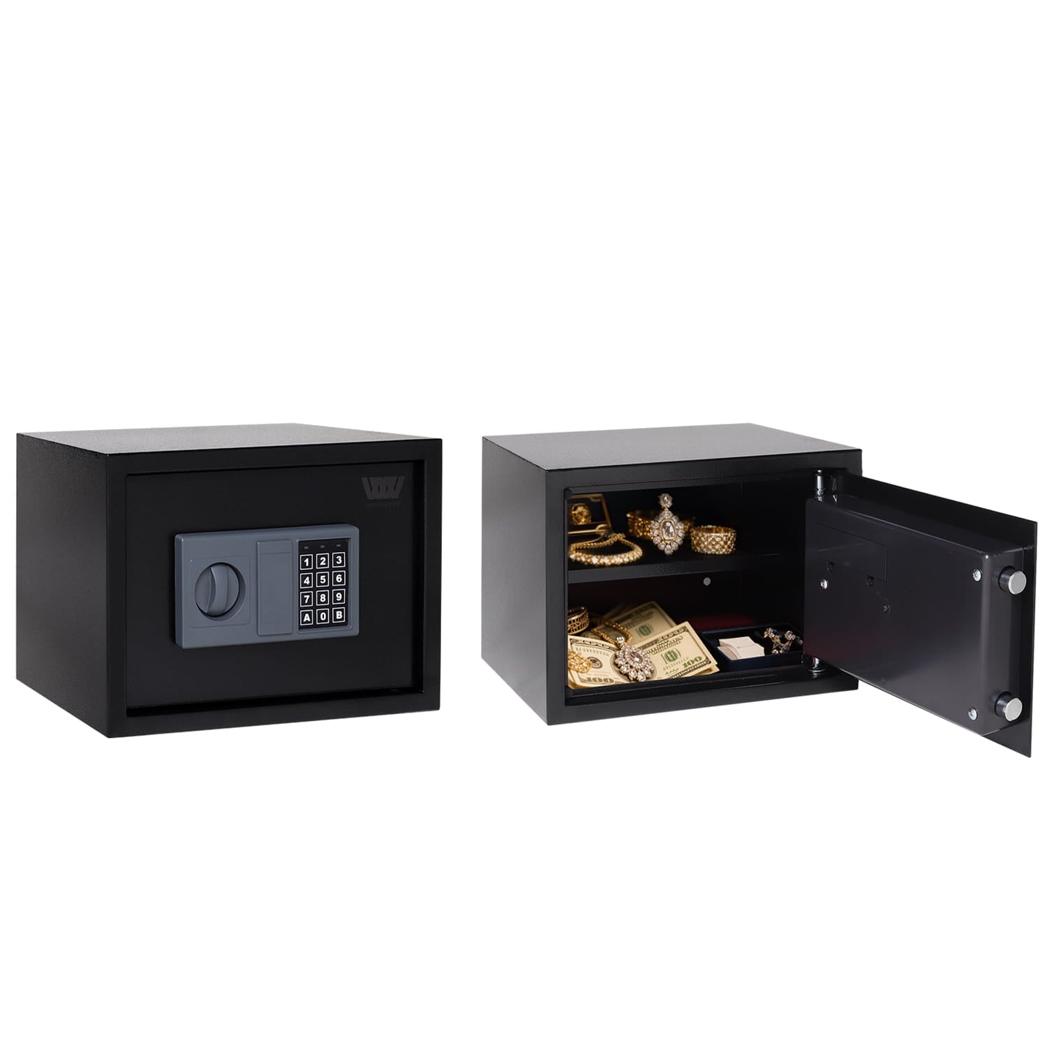 Black security safe with digital keypad on the left and open door revealing valuables on the right, on a white background.