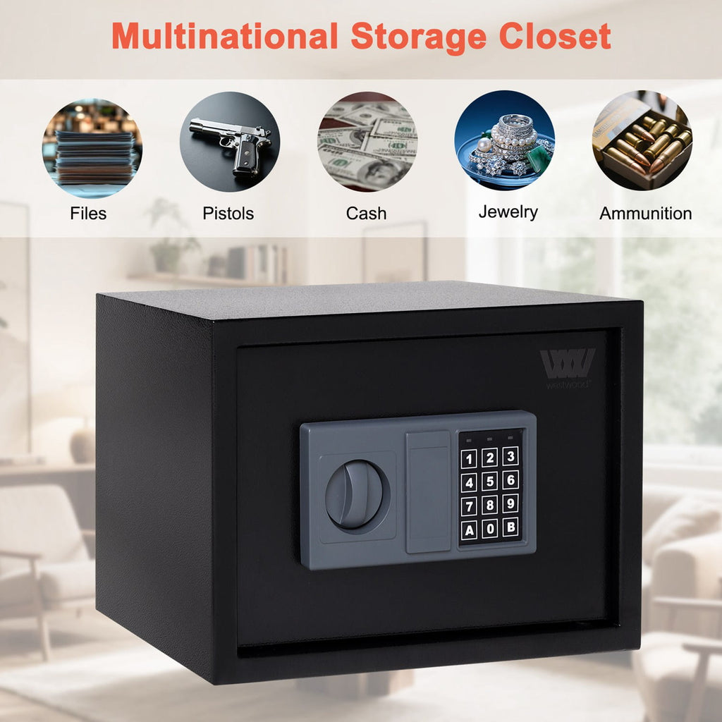 Black security safe box with digital keypad on a blurred indoor background, labeled for storing files, pistols, cash, jewelry, and ammunition.