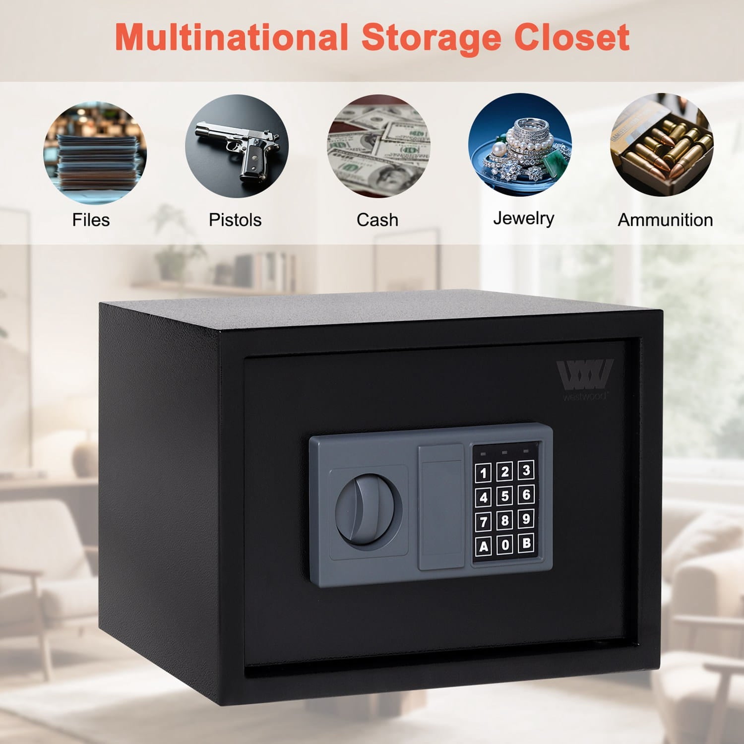 Black security safe box with digital keypad on a blurred indoor background, labeled for storing files, pistols, cash, jewelry, and ammunition.