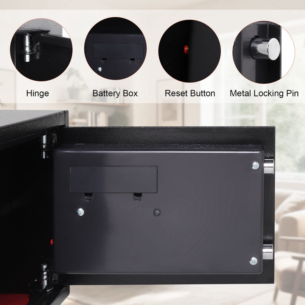 Black security safe with labeled components on a blurred background
