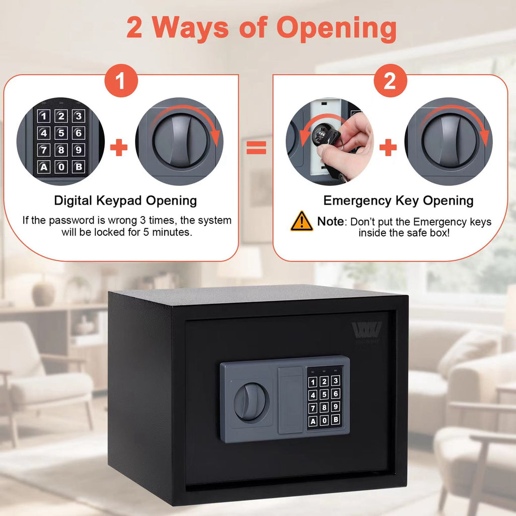 Black security safe box with digital keypad and emergency key opening instructions.