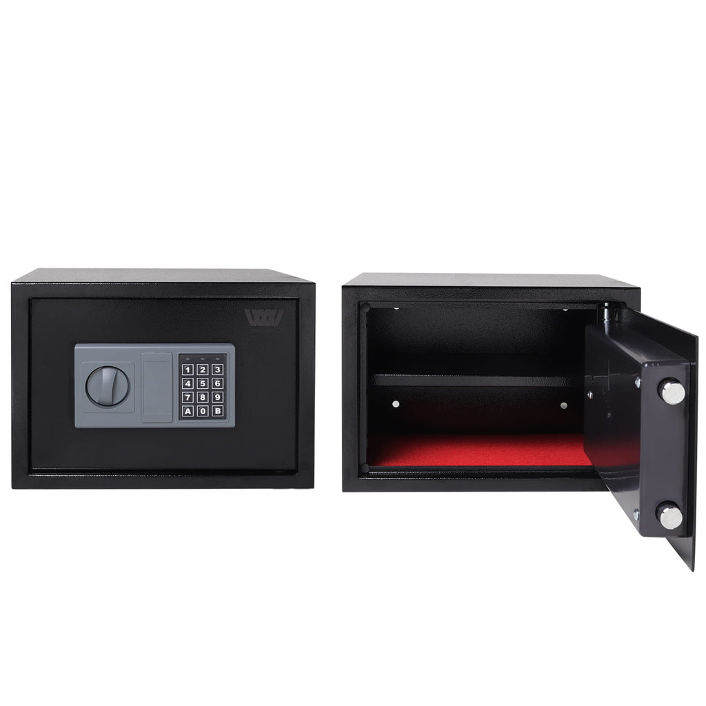 Black security safe with electronic keypad on a white background