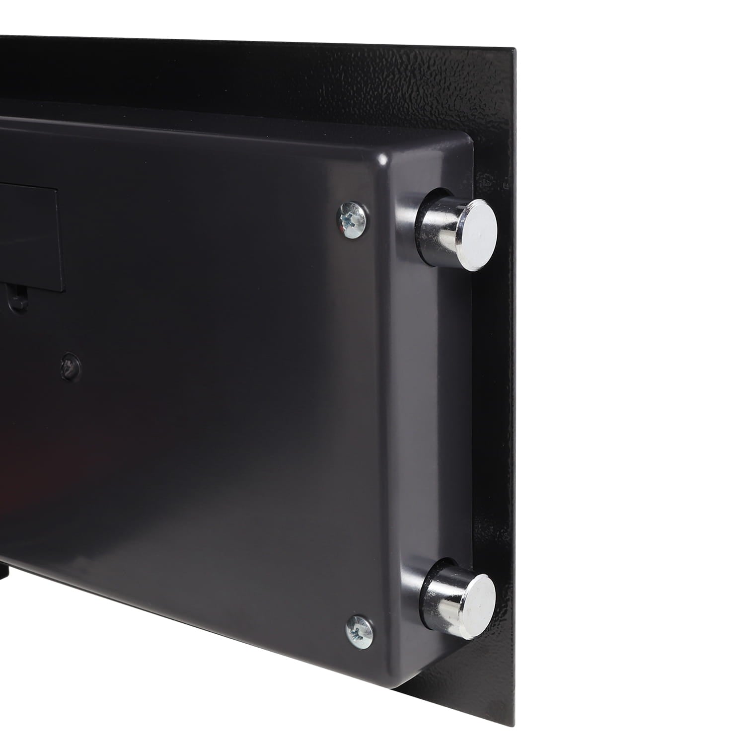 Black metal bracket with two silver screws from a security safe on a white background