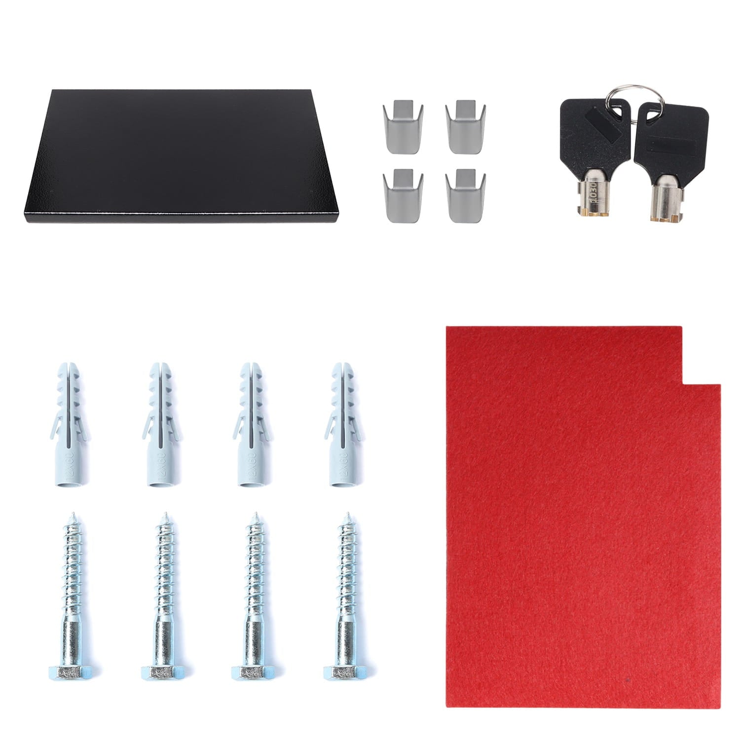 Collection of hardware items including a black sheet, screws, a red mat, and keys on a white background.