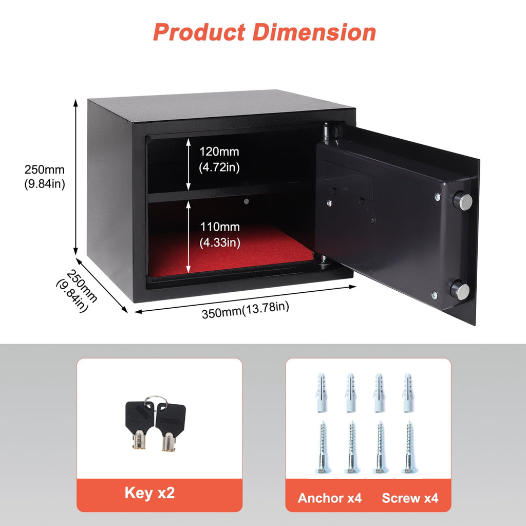 Black security safe with dimensions and accessories displayed on a white background