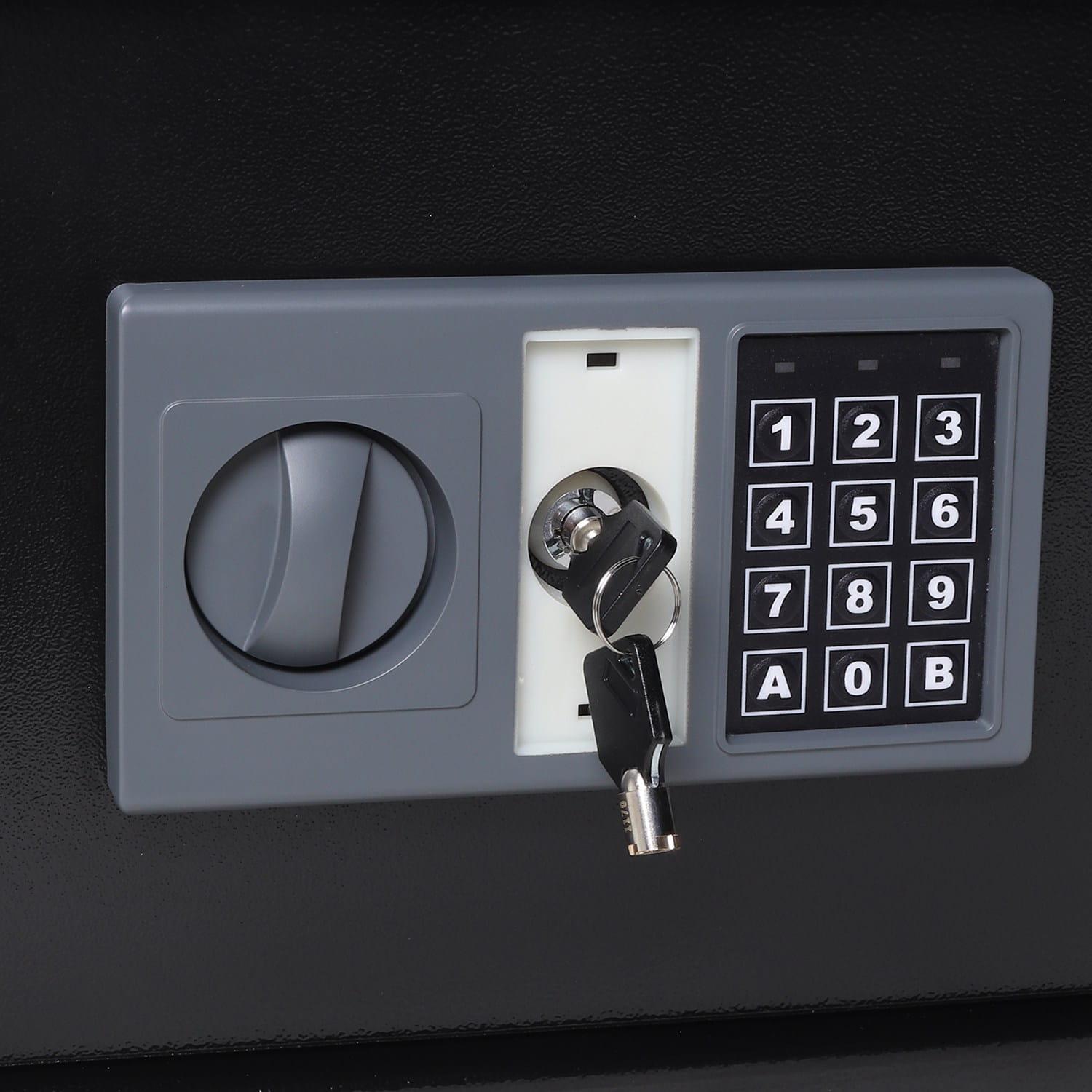 Security safe with digital keypad and key slot on a black background