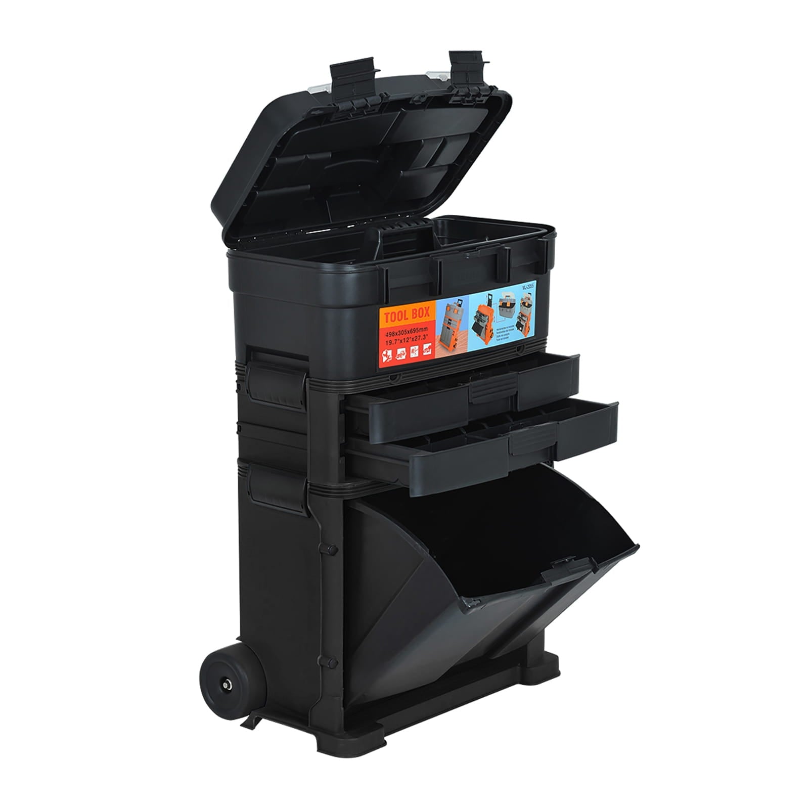 Black stackable toolbox with open drawers on a white background
