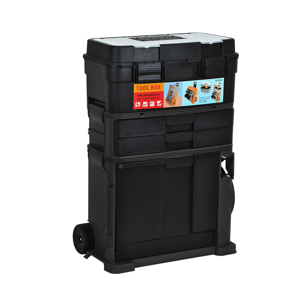 Black stackable toolbox with wheels on a white background