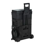 Black stackable toolbox with wheels on a white background