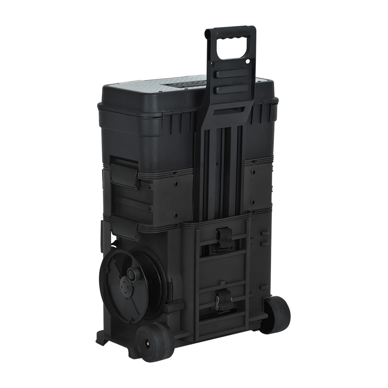 Black stackable toolbox with wheels on a white background
