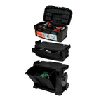 Black stackable toolbox with compartments on a white background.