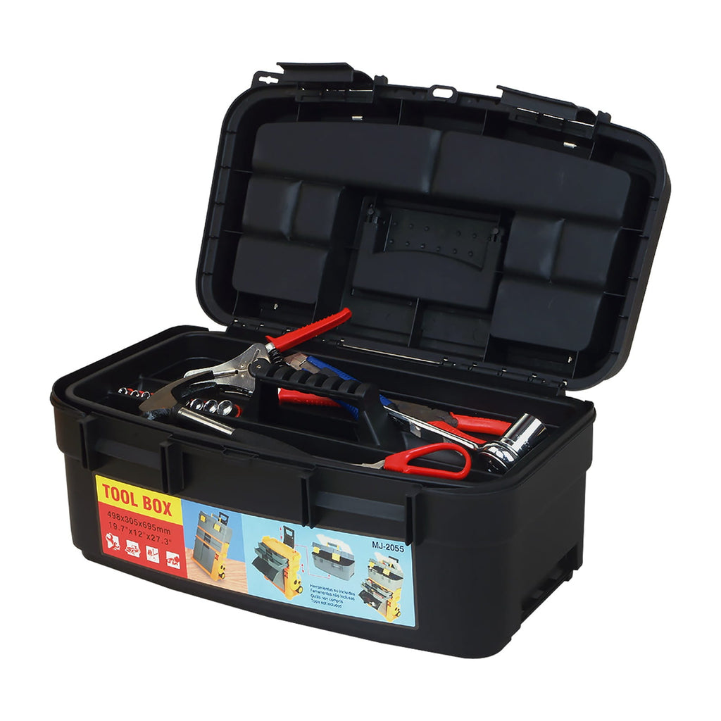 Black stackable toolbox with tools inside on a white background