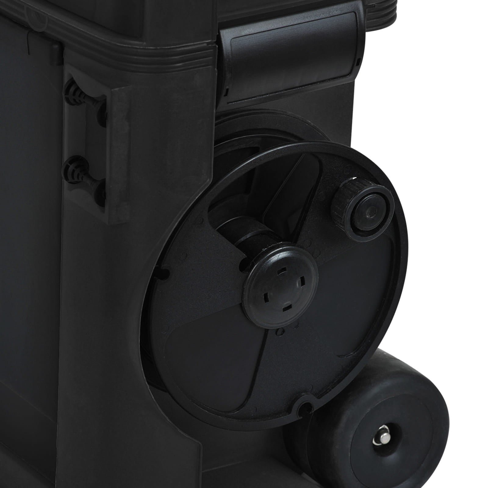 Close-up of a black stackable toolbox with wheels on a white background