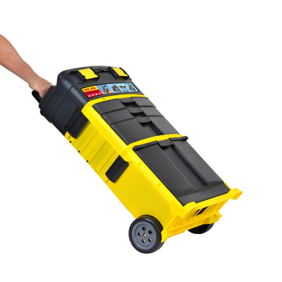 Yellow and black stackable toolbox with a person's hand holding it on a white background