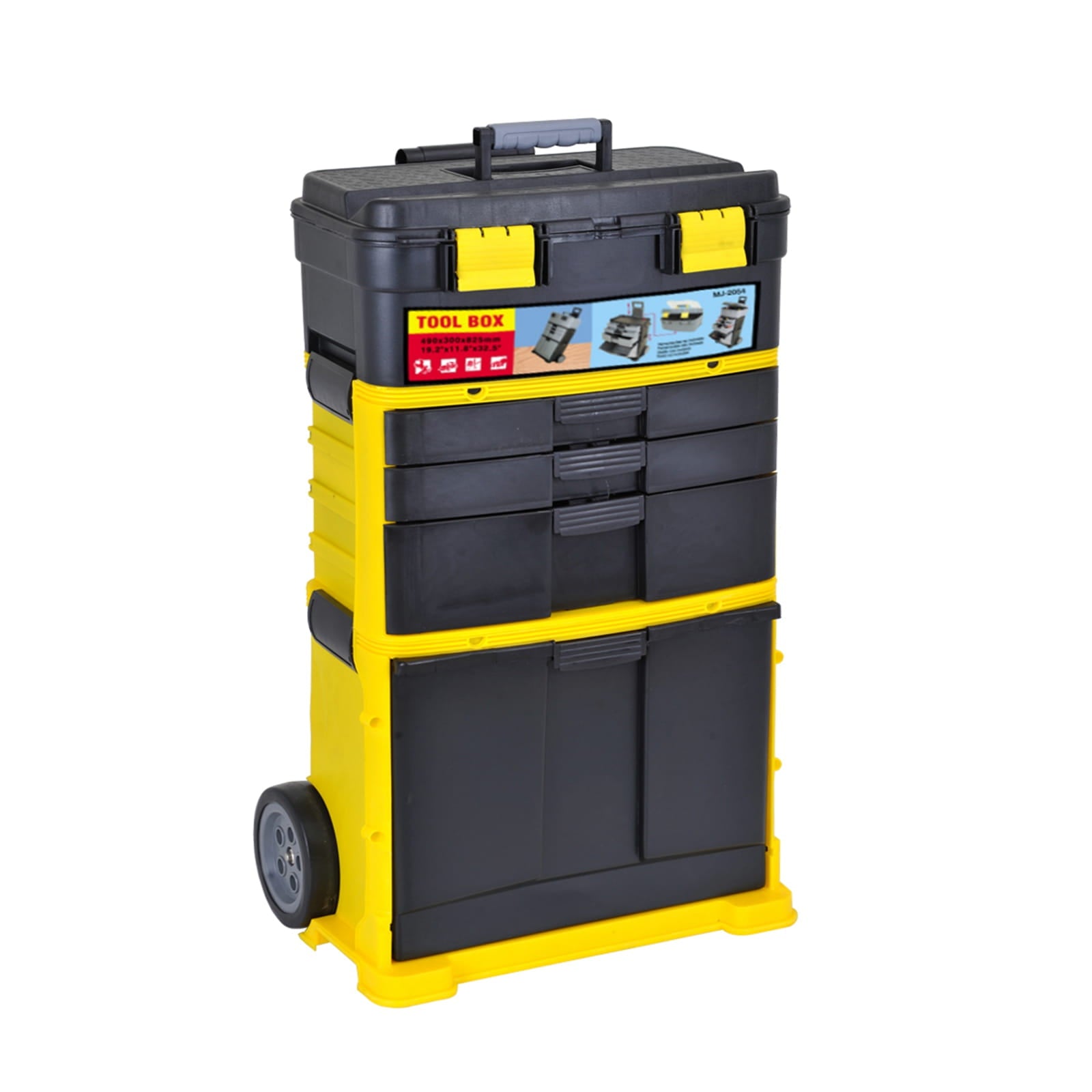 Yellow and black stackable toolbox with multiple compartments on a white background.