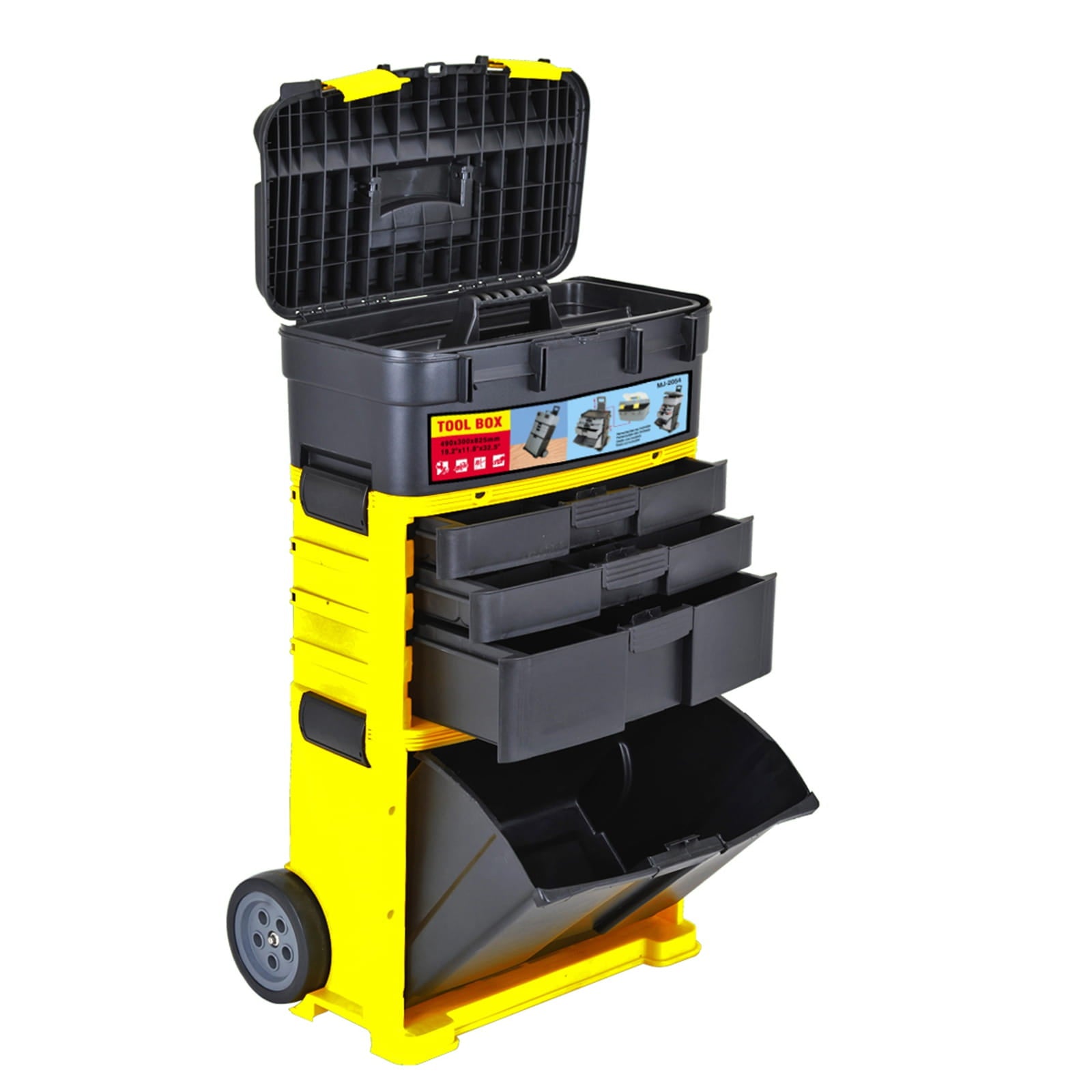 Yellow and black stackable toolbox with open drawers on a white background