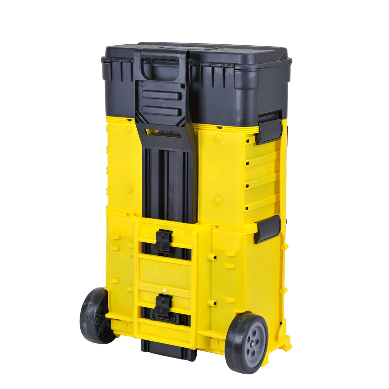 Yellow and black stackable toolbox on a white background