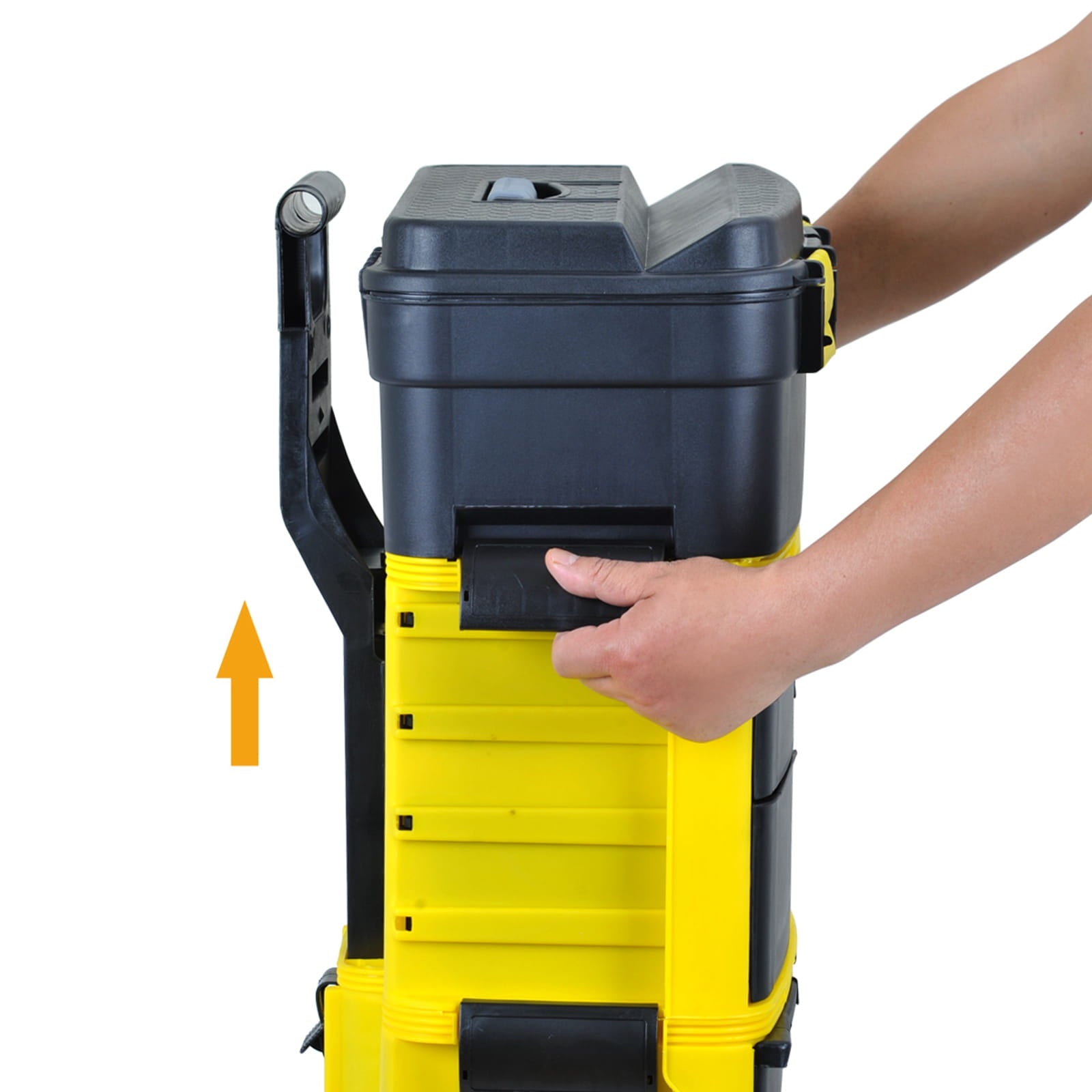 Yellow and black stackable toolbox with a hand lifting the lid on a white background
