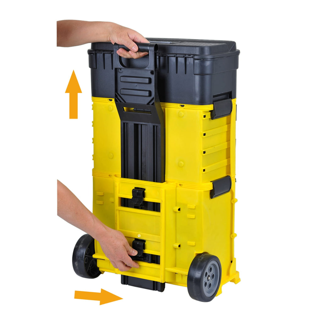 Yellow and black stackable toolbox with wheels on a white background
