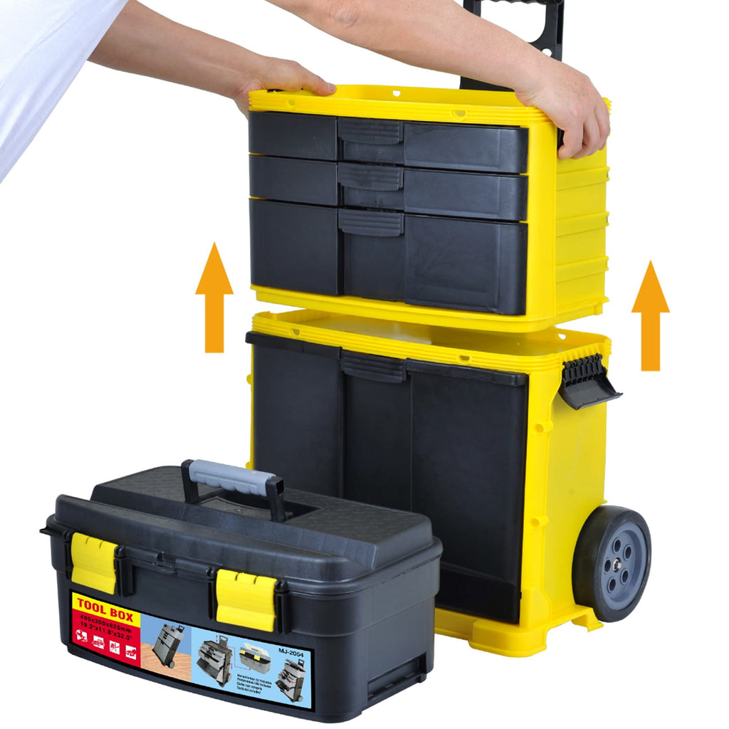 Yellow and black stackable toolbox with detachable storage boxes on a white background