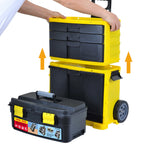 Yellow and black stackable toolbox with detachable storage boxes on a white background