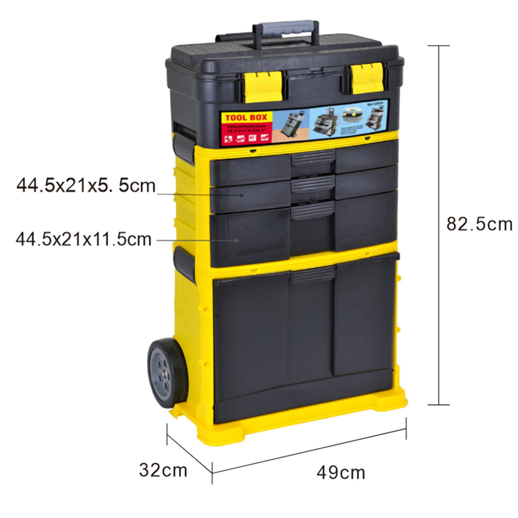 Yellow and black stackable toolbox with dimensions labeled on a white background