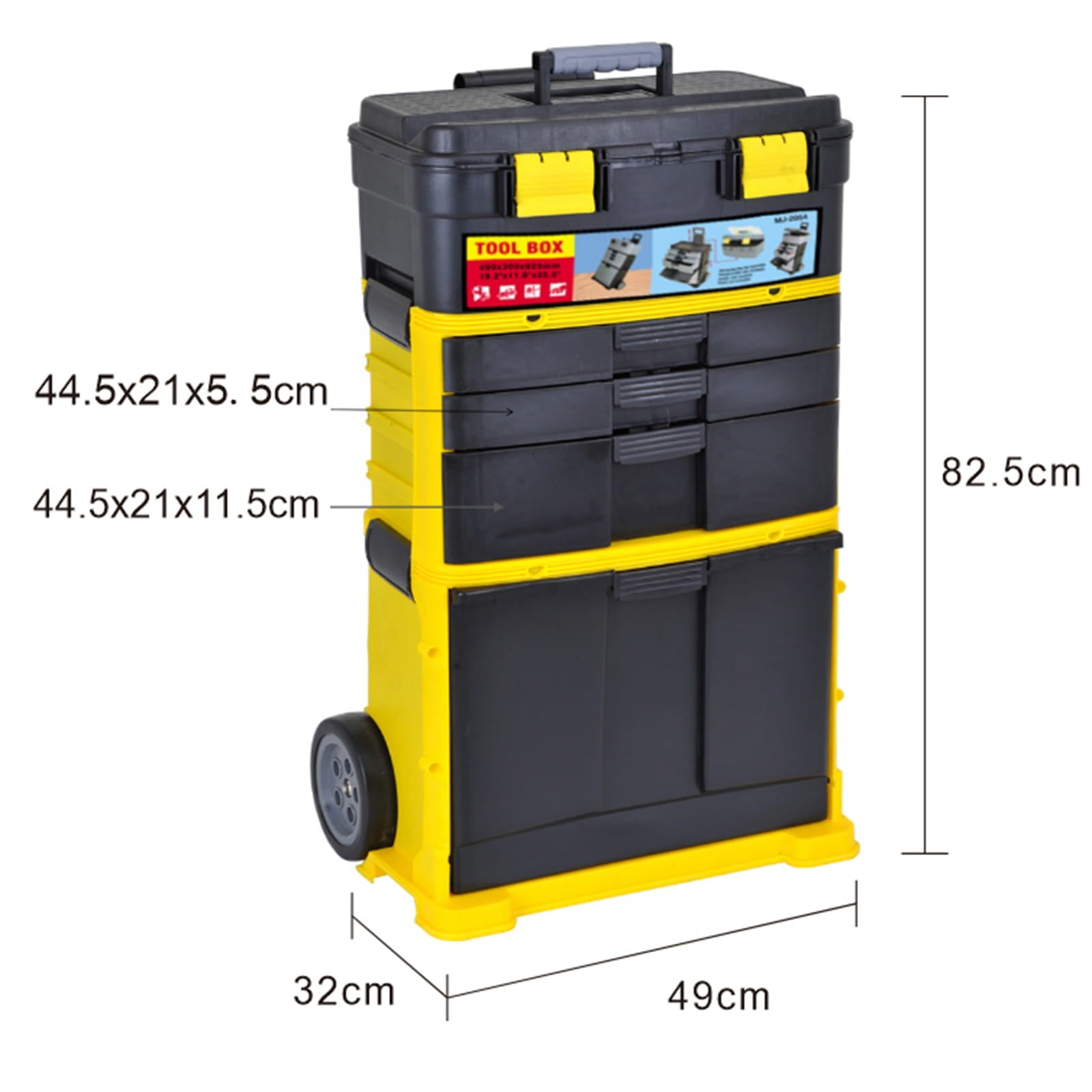 Yellow and black stackable toolbox with dimensions labeled on a white background