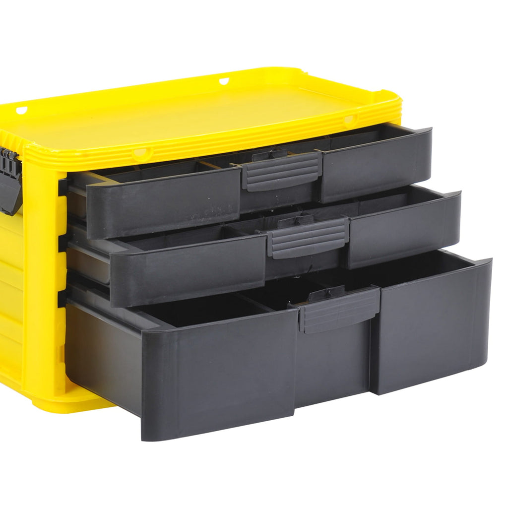 Yellow and black stackable toolbox with multiple drawers on a white background