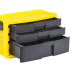 Yellow and black stackable toolbox with multiple drawers on a white background