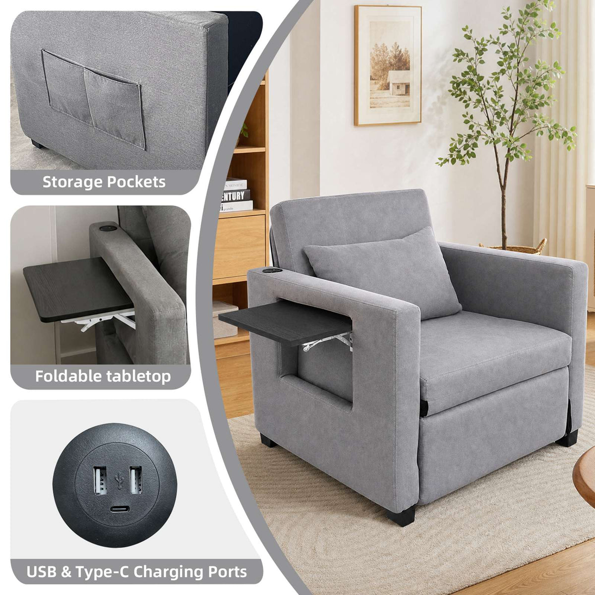 WestWood 3-in-1 Convertible Single Sofa Bed Grey
