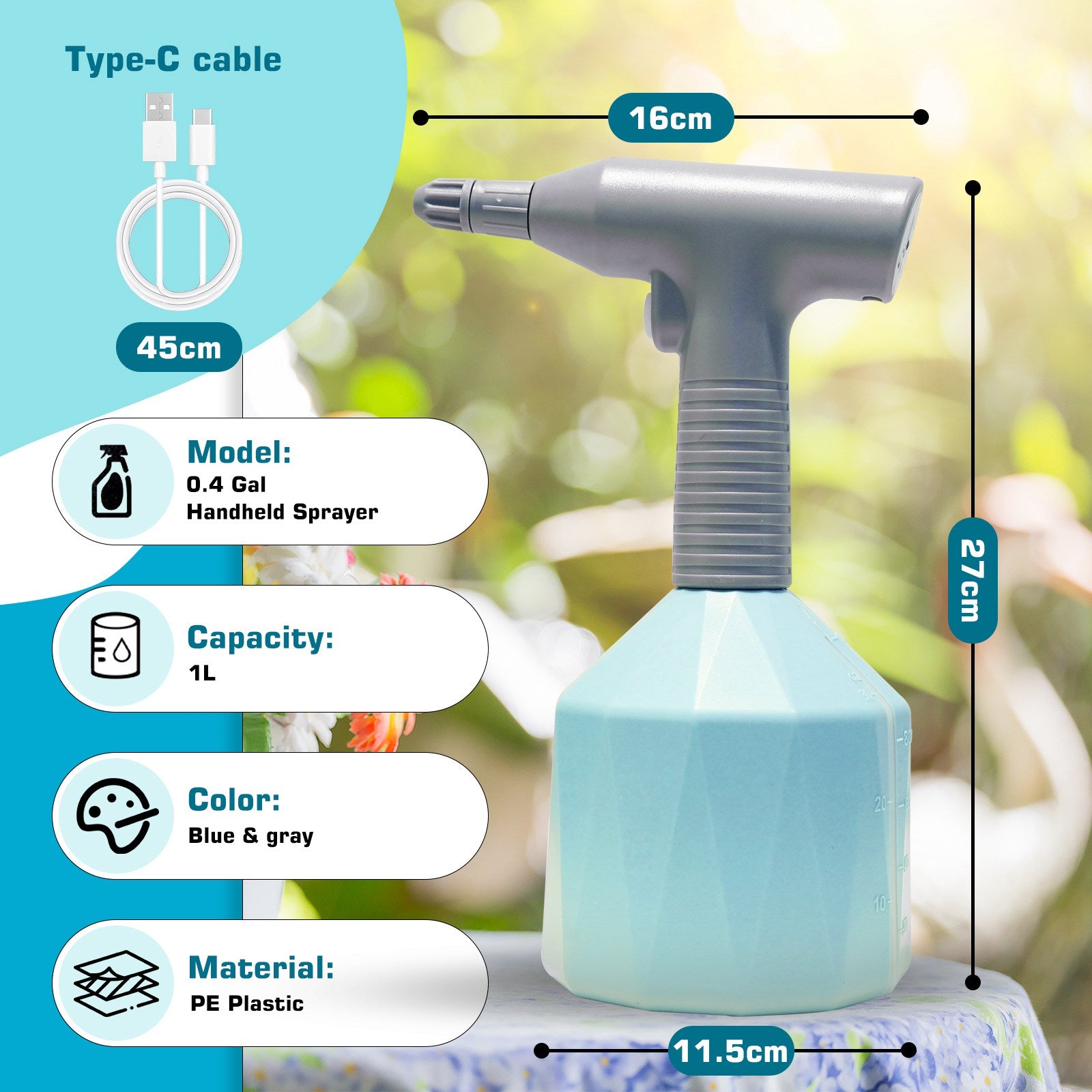 BIRCHTREE Electric Garden Sprayer Bottle with USB Type-C Charger