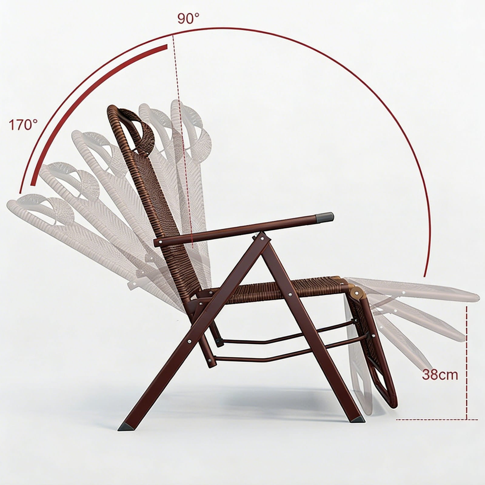 Brown folding outdoor recliner chair with measurement details on a white background