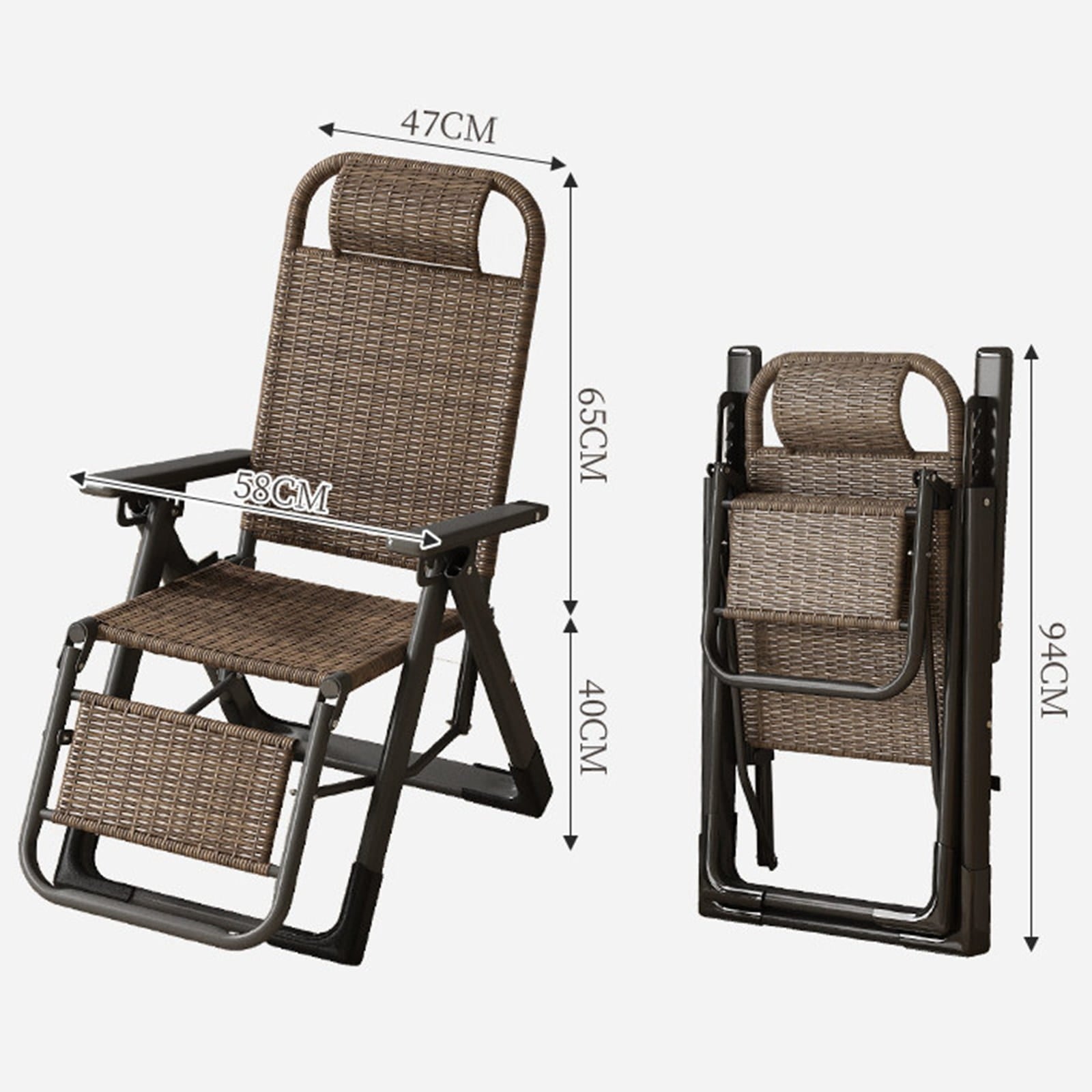 Dimensions of a folded and unfolded outdoor recliner chair on a white background.