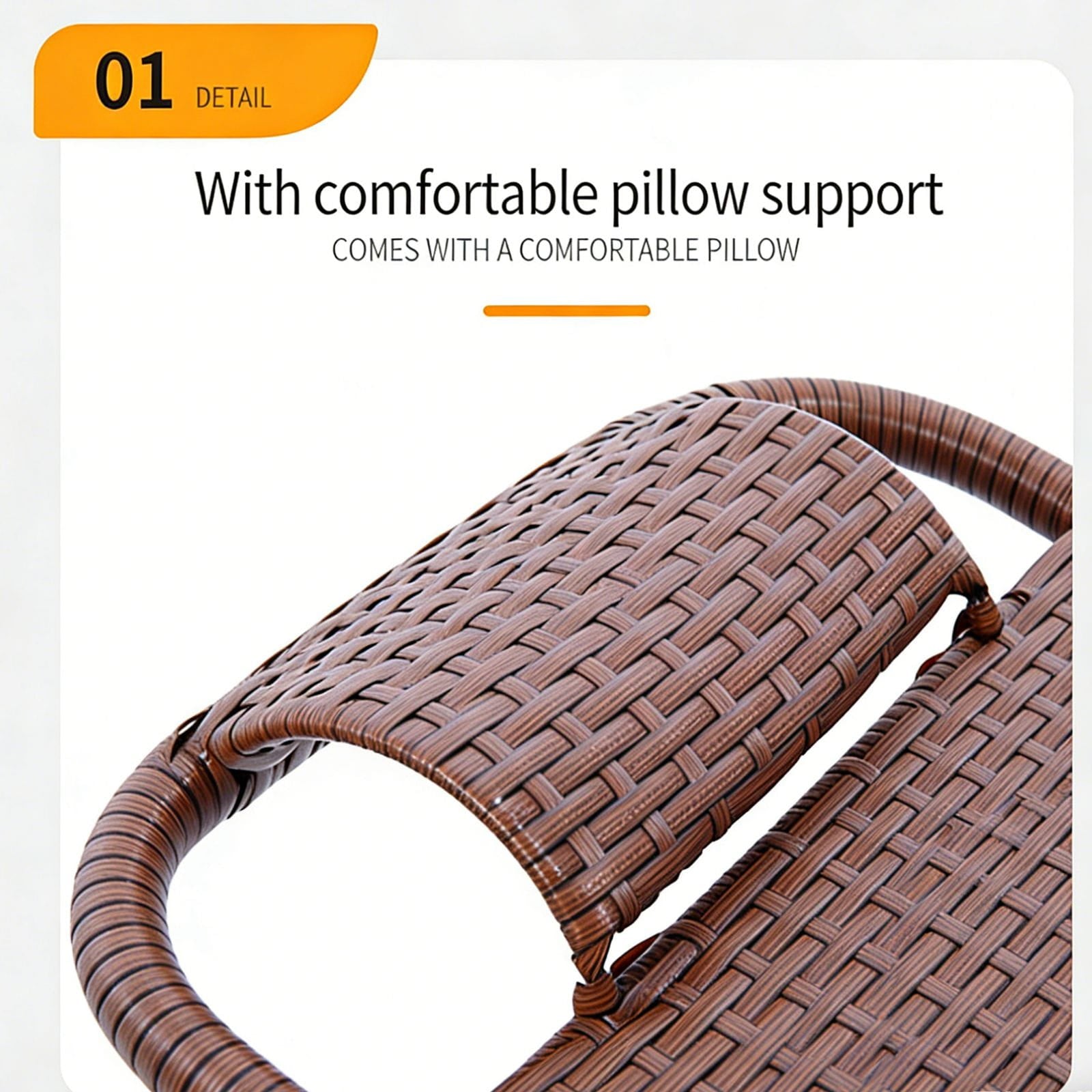 Zoomed in photo on headrest of a brown outdoor recliner chair with text highlighting features.