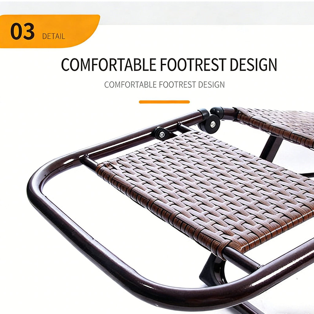 Comfortable footrest design on a brown rattan outdoor recliner chair with text highlighting its feature.