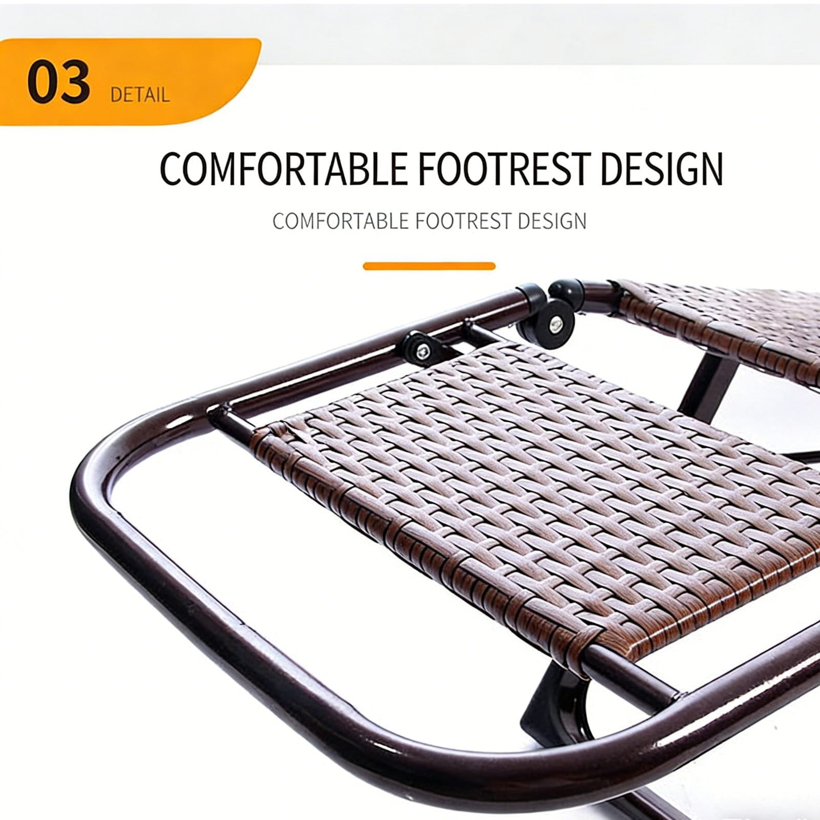 Comfortable footrest design on a brown rattan outdoor recliner chair with text highlighting its feature.