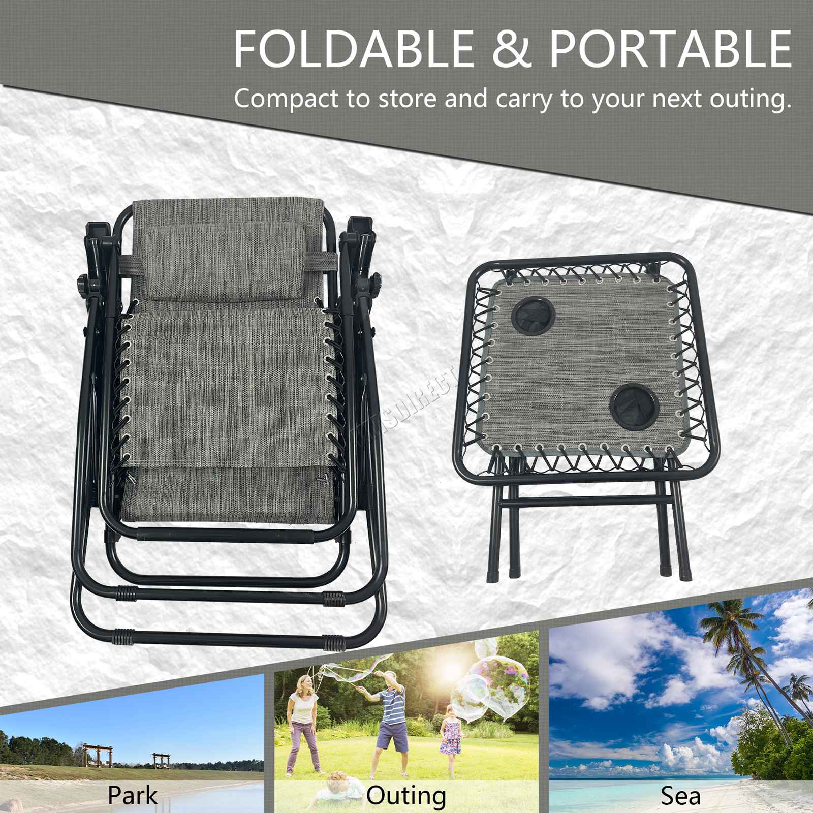 BIRCHTREE Sun Recliner Set of 3 Foldable Chair and Table SR04
