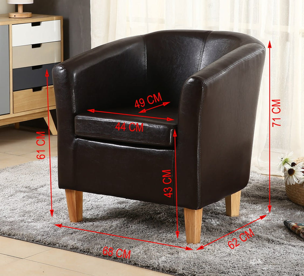 Brown faux leather armchair with dimensions marked on a grey rug