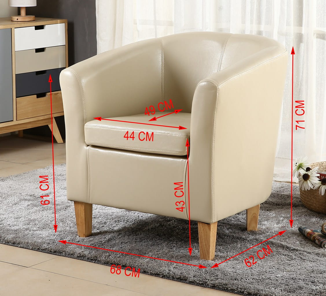 Ivory faux leather armchair with dimensions marked on a grey rug
