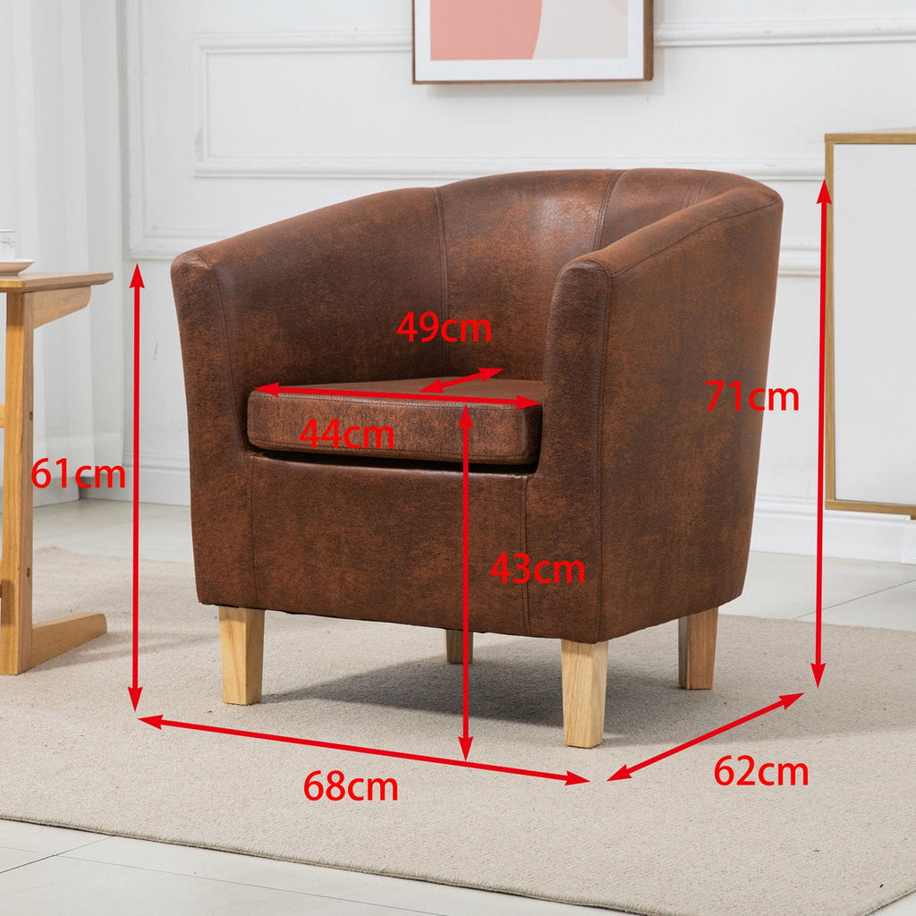 Brown faux leather armchair with dimensions marked on a neutral background