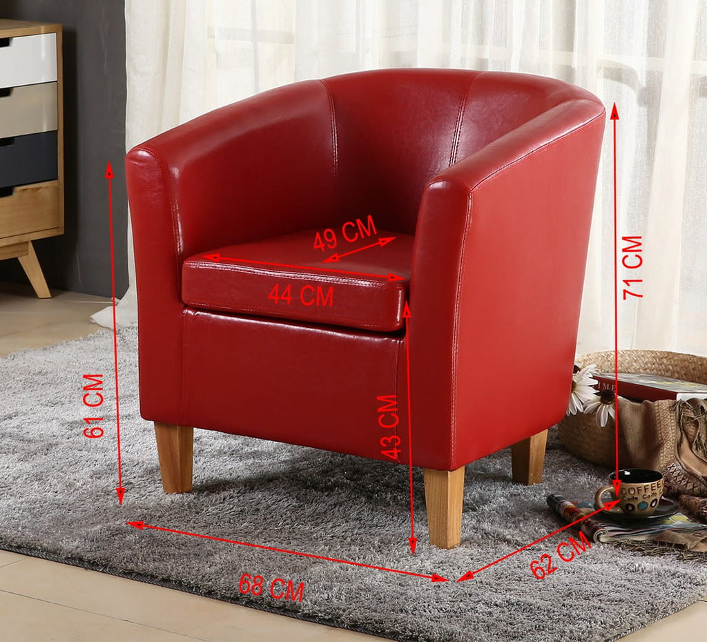 Red faux leather armchair with dimensions marked on a gray rug
