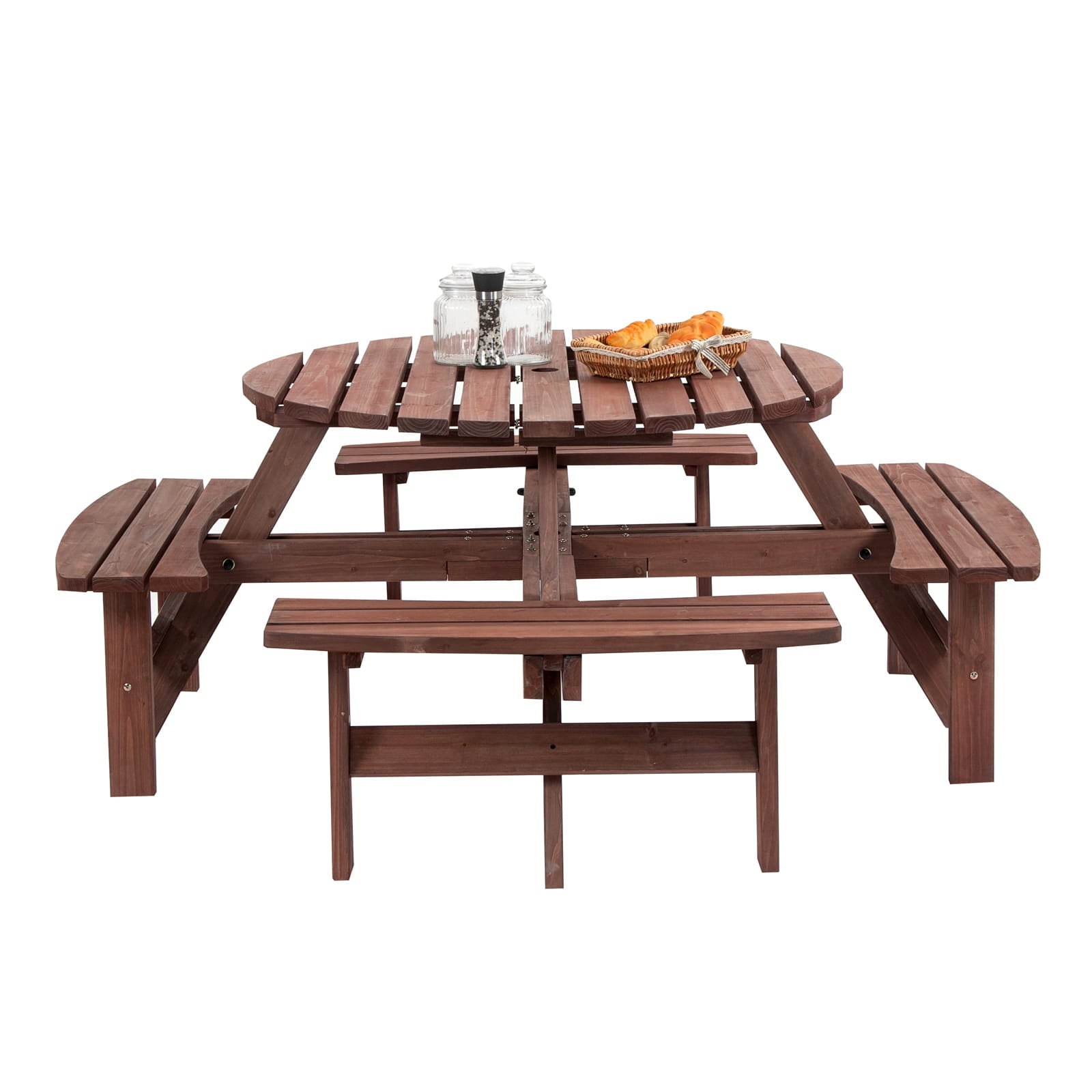 Wooden round garden table with benches on a white background