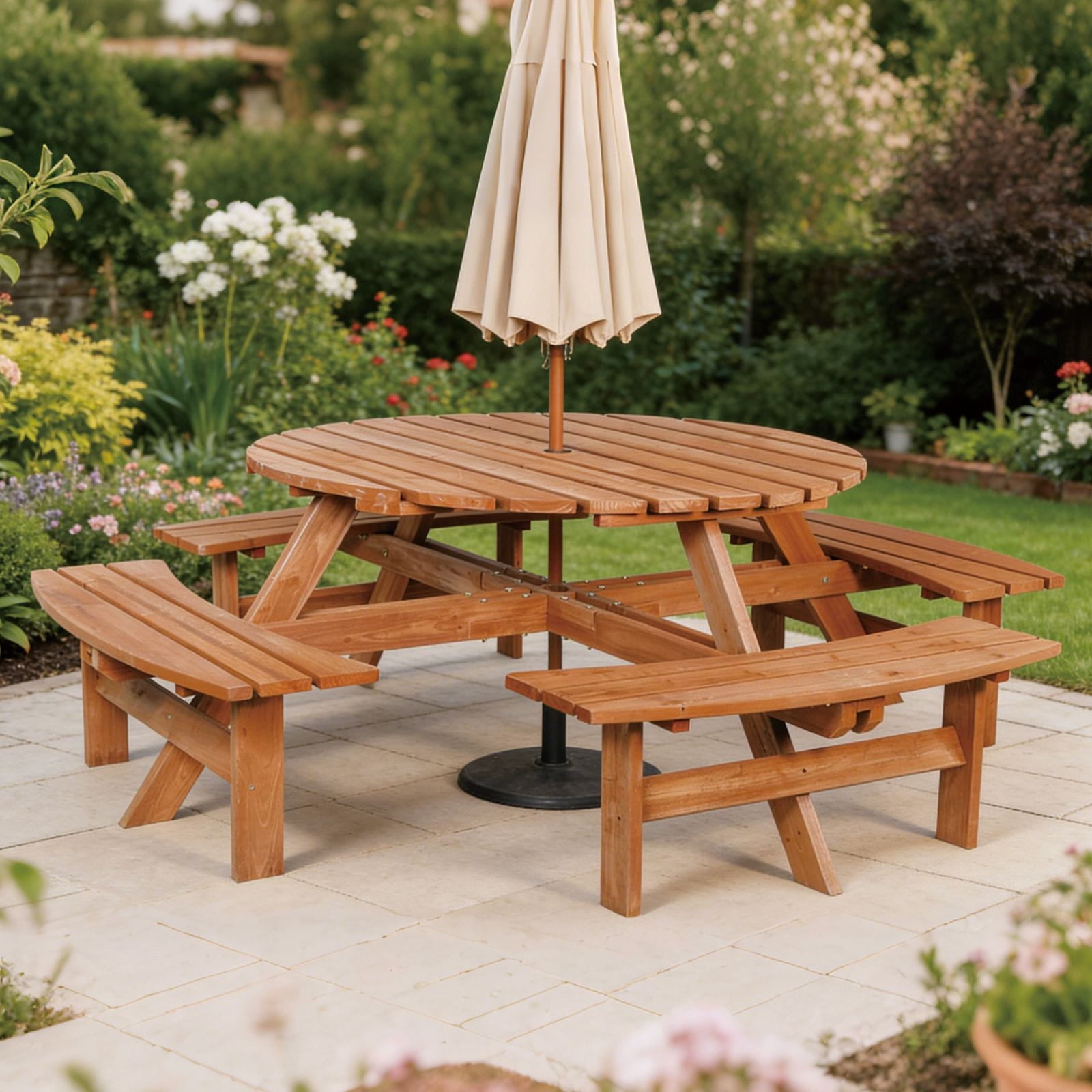 Wooden round garden table with benches and an umbrella on a patio with garden background