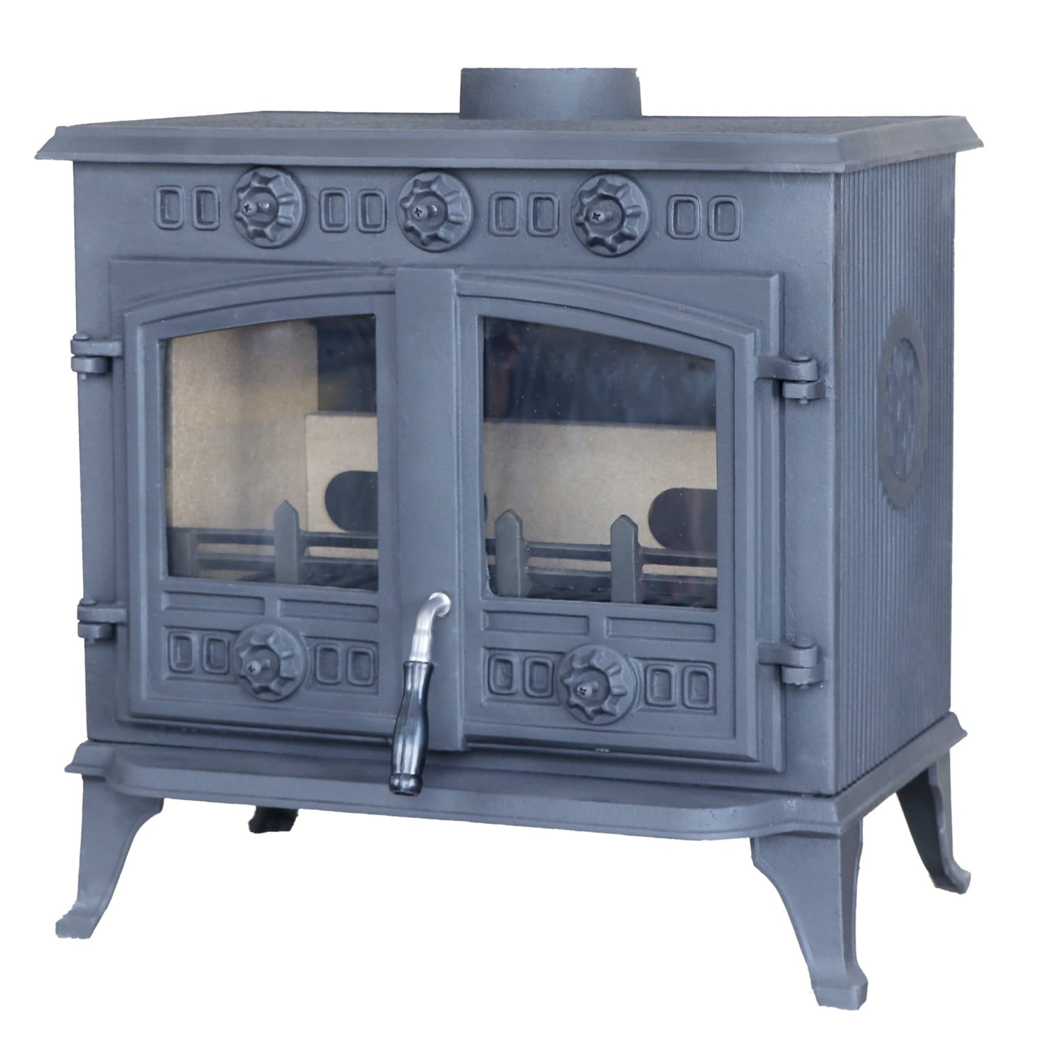 cast iron multi-fuel stove with decorative elements on a white background