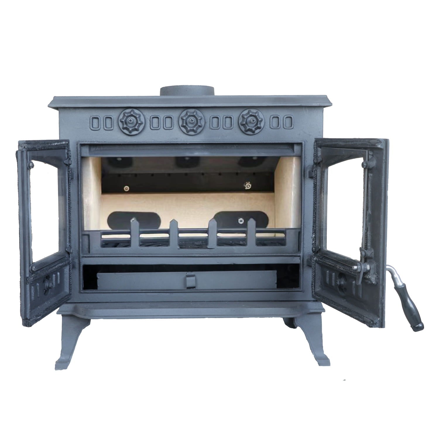 Cast iron multi-fuel stove with open doors on a white background